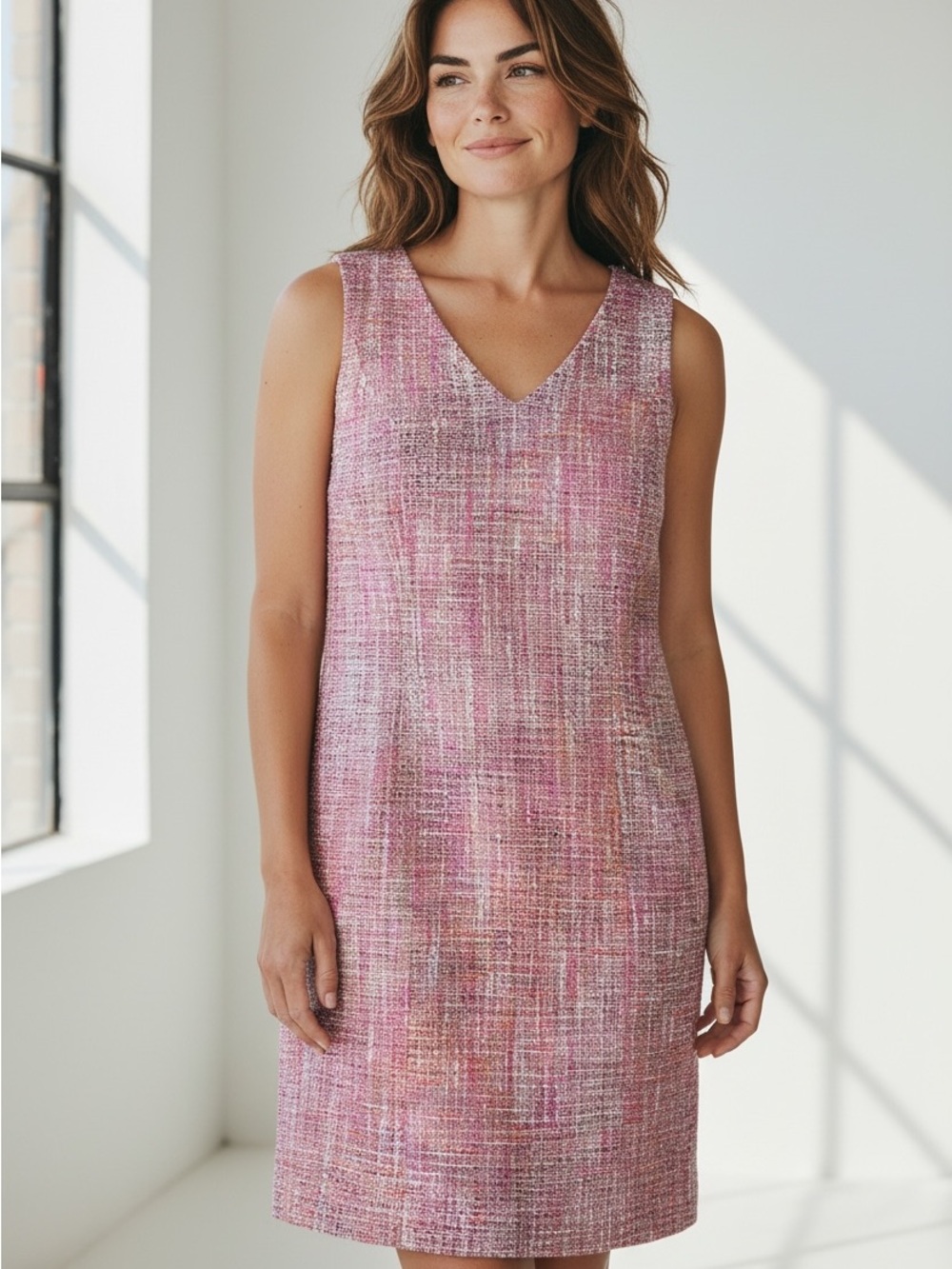 Talbots Pink Tweed V-Neck Sheath Dress